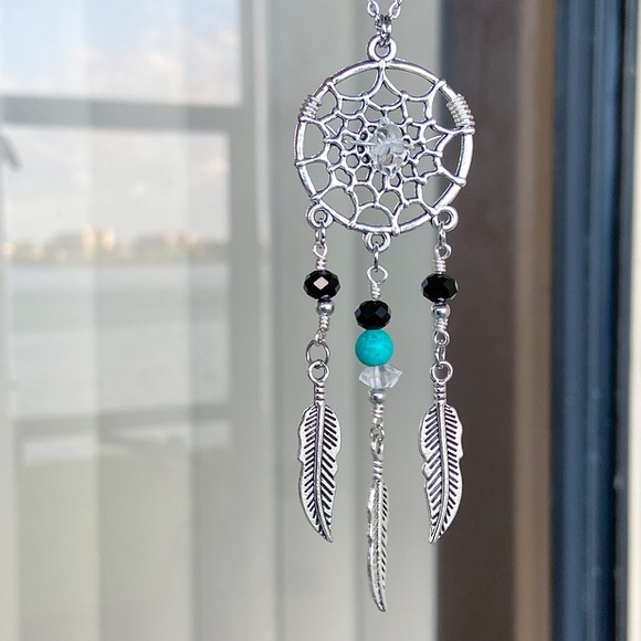 Dream catcher necklace . Herkimer diamonds turquoise gemstone boho jewelry - Picture 5 of 9